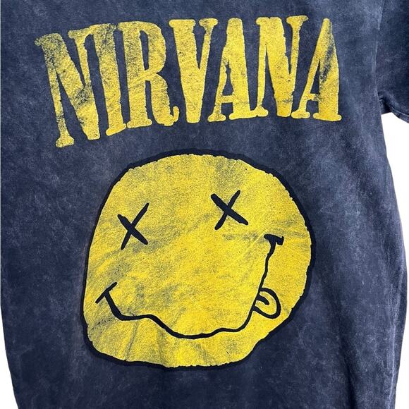 NIRVANA Yellow Smiley Face Charcoal Acid Wash Grunge T-Shirt Unisex Size Small - Picture 4 of 7